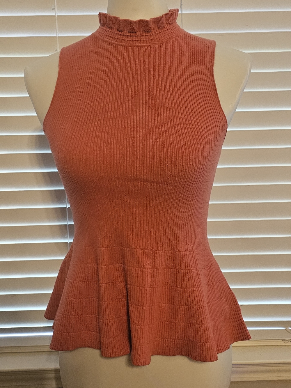 Express Coral Sleeveless Ruffled Mock Neck Peplum Top